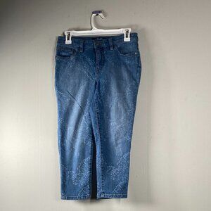 CHAPS Modern Capri PETITE Denim Jeans Women's 4P Mid Rise Blue Floral Casual